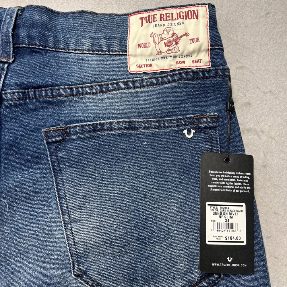 True Religion Geno Relaxed Slim Jeans Dark Mirage Wash Blue 34x32 NWT 700984